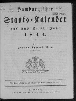 1844: Hamburgischer Staats-Kalender : auf das Jahr