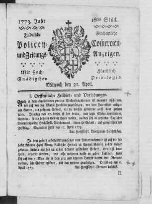 16 tes Stück, Ausgabe vom 21. April 1773