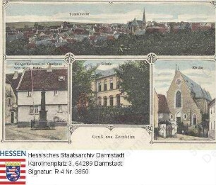 Zornheim, Panorama und Einzelansichten / Kriegerdenkmal und Gasthaus von Marg[arethe] Blüm; Schule; Kirche