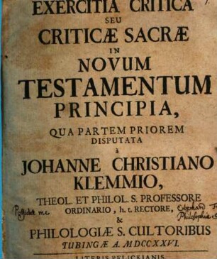 Exercitia Critica Seu Criticae Sacrae In Novum Testamentum Principia, 1