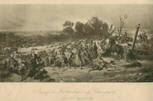 Württembergischer Angriff auf Champigny am 2. Dezember 1870: württ. Truppen auf einer Anhöhe im Schußwechsel mit franz. Linien, im Hintergrund Champigny