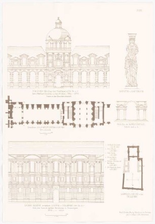Louvre, Paris. Tuilerien, Paris. Große Galerie, Paris: Ansicht Tuilerien und Große Galerie, Grundriss Karyatidensaal des Louvre, Lageplan, Details (aus: Baukunst d. Renaissance in Frankreich, hrsg. v. Zeichenaussch. d. Stud. d. TH Berlin, 1875)