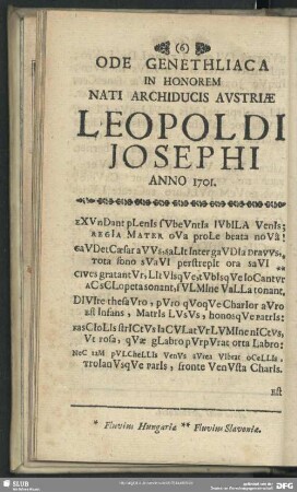 Ode Genethliaca In Honorem Nati Archiducis Austriae Leopoldi Josephi Anno 1701