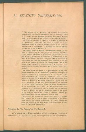 El Estatuto Universitario : Reportaje al Dr. Víctor Andrés Belaúnde - Memoriales de la Universidad Católica