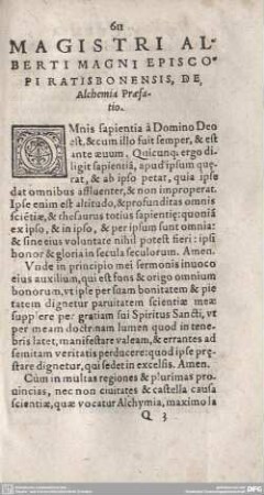Magistri Alberti Magni Episcopi Ratisbonensis, de Alchemia Praefatio.