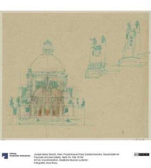 Wien, Projekt Kaiser Franz Jubiläumskirche, Skizzenblatt mit Fassade und zwei Details