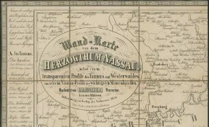 Wand-Karte von dem Herzogthum Nassau : nebst einem transparenten Profile des Taunus und Westerwaldes und einem Niveau-Profile der wichtigsten Mineralquellen ; In neuen Blättern