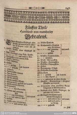 Fünffter Theil / Handlend von mancherley Gebratens.