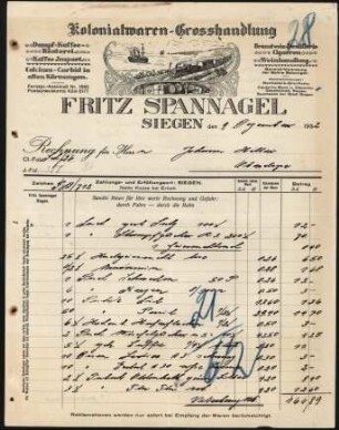 Firmenbriefkopf Spannagel, Fritz, Kolonialwaren-Grosshandlung, Dampf - Kaffee- Rösterei- Kaffee- Import