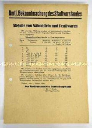 Amtliche Bekanntmachung des Stadtvorstandes von Weimar zur Zuteilung von Stoffen und Nähzubehör