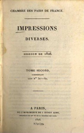 Impressions diverses : session ... 1826,2 = Nr. 30 - 60