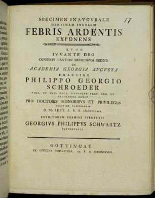 Specimen Inavgvrale Genvinam Indolem Febris Ardentis Exponens