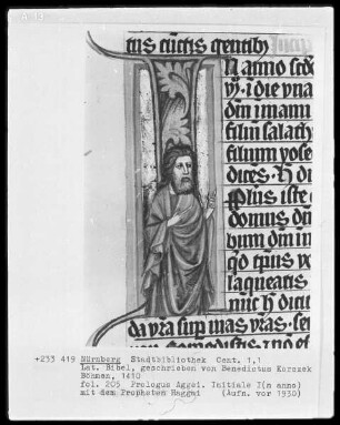 Lateinische Bibel — Initiale I (n anno) mit dem Propheten Haggai, Folio 205recto