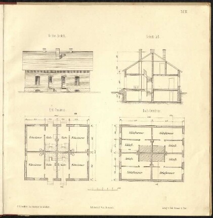 Tafel XI: Beispiel eines Arbeiterwohnhauses, Ansicht, Schnitt, Grundriss