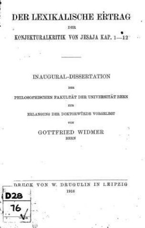 Der lexikalische Ertrag der Konjekturalkritik von Jesaja Kap. 1-12 / von Gottfried Widmer