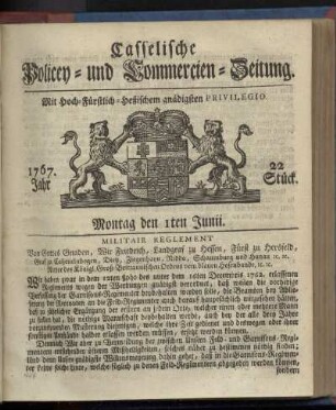 22. Stueck, Montag den 1ten Junii 1767