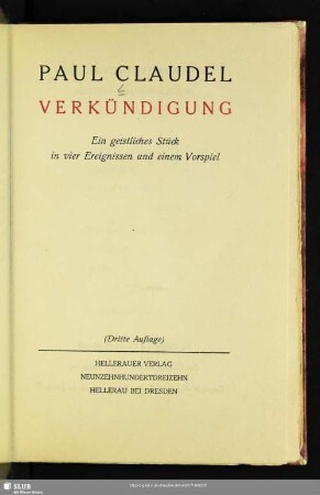 Verkündigung : ein geistliches Stück in vier Ereignissen und einem Vorspiel
