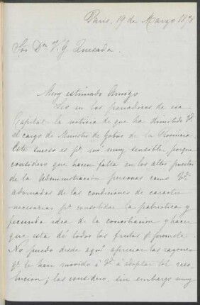 [Carta de Mariano Balcarce a Vicente Quesada en español, París, 19 de marzo de 1878]