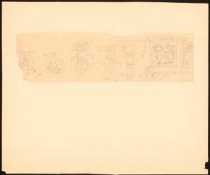 Buchornamentik: Codex Aureus Epternacensis (Goldenes Evangeliar von Echternach): Vorskizzen zu Zierseiten u.a. zu Inv.Nr. 44594 und 44598: Teilansicht Kassetten-Ornamentik schreitender Löwe, Medaillons mit allegorischer Darstellung der vier Elemente, mit Farbangaben (dazu vgl. auch Inv.Nrn. 44595, 44615, 44616)