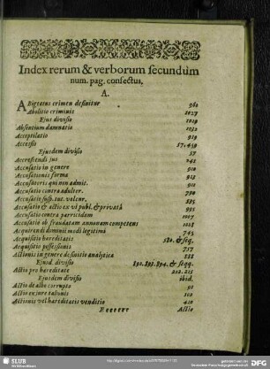 Index rerum & verborum secundum num. pag. confectus