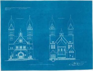 Dekanatskirche, Clerf (Clervaux): Vorder- und Choransicht 1:100