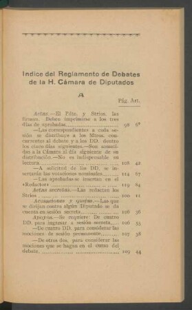 Índice del Reglamento de Debates de la H. Cámara de Diputados