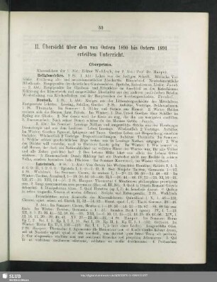 II. Übersicht über den von Ostern 1890 bis Ostern 1891 erteilten Unterricht