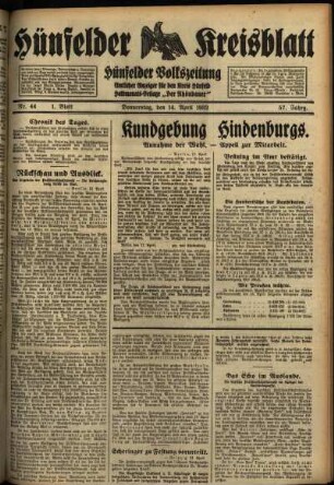 Erste Ausgabe vom Donnerstag, den 14. April 1932.
