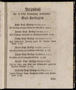 Verzeichniß der in dieser Sammlung enthaltenen Buß-Predigten.