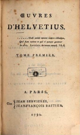 Oeuvres. 1. De l'esprit. - 1792. - 446 S.