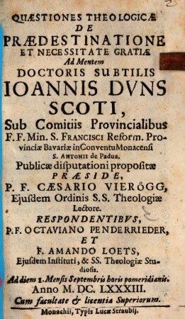 Quaestiones Theologicae De Praedestinatione Et Necessitate Gratiae
