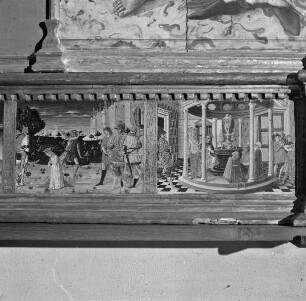 Altaraufsatz: Madonna zwischen Heiligen — Predella — Enthauptung der heiligen Katharina