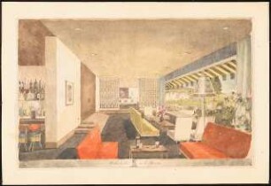 Landhaus, Nyon (Haus Schwebes, zahlreiche Varianten): Perspektivische Ansicht (Innenraum: Wohnhalle mit Essbereich)