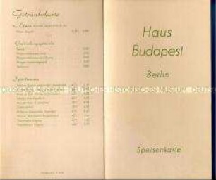 Speisekarte des Restaurants "Haus Budapest" in Berlin