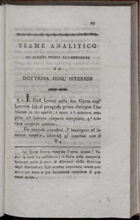 Esame Analitico Di Alcuni Punti Concernenti La Dottrina Degl' Interessi.