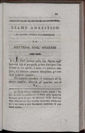 Esame Analitico Di Alcuni Punti Concernenti La Dottrina Degl' Interessi.