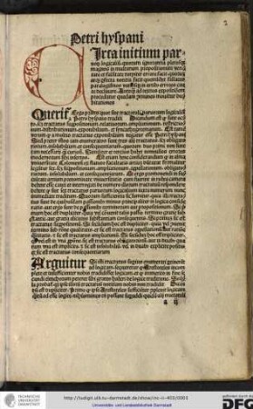 Queritur ergo primo quot sint tractatuli parvorum logicalium a Petros Hyspani traditi. Dicendum est quod sunt octo...