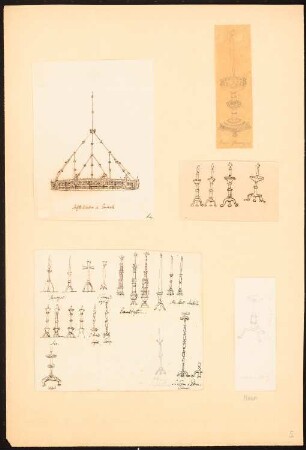 Kerzenleuchter und -halter aus dem Museum Mainz, aus Mansac, Wissel, Florenz und England, Kronleuchter der Stiftskirche, Einbeck,: Zahlreiche Ansichten von ornamentierten Kerzenhaltern z.T. ohne Ort, eines Kronleuchters aus Einbeck und eines Kerzenleuchters nach Pugin: The Glossary of Ecclesiastical Ornament [...], 1847 (fünf Blätter mit Nach- oder Durchzeichnungen)