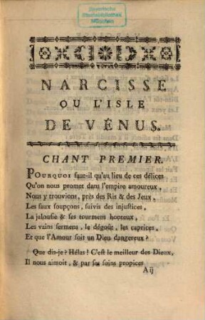 Narcisse dans l'Isle de Venus : Poëme en quatre chants