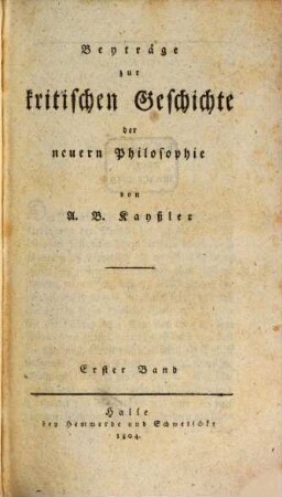 Beyträge zur kritischen Geschichte der neuern Philosophie, 1