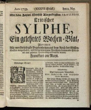 (XXXVI. Stück.) den 2. May. Anno 1752.