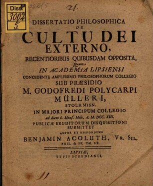 Dissertatio Philosophica De Cultu Dei Externo, Recentioribus Quibusdam Opposita