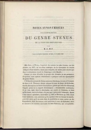 Notes Synonymiques Sur Plusieurs Especes Du Genre Stenus