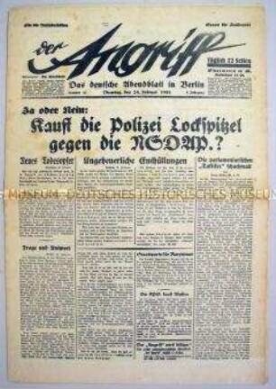 Berliner NS-Tageszeitung "Der Angriff" u.a. zur Arbeit der NSDAP-Fraktion im Reichstag