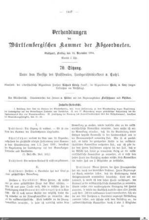 70. Sitzung, Stuttgart, 12.12.1884