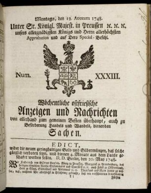 Num. XXXIII. Montags, den 12. Augusti 1748.