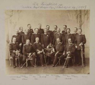 19 Hauptleute des Grenadier-Regiments Nr. 119 in Uniform teils mit Orden, stehend oder sitzend um Tisch