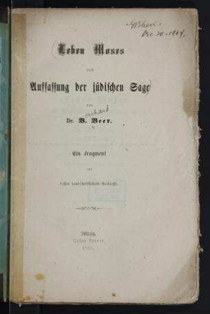 Leben Moses nach Auffassung der jüdischen Sage / von B. Beer