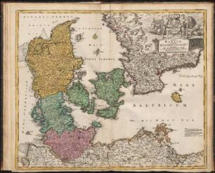 Regni Daniae in quo sunt Ducatus Holsatia Et Slesvicum Insulæ Danicæ, Provinciæ Iutia, Scania, Blekingia Nova Tabula : Cum Privilegio Sac. Cæs. Majest.