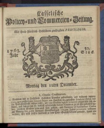 50. Stueck, Montag den 12ten December 1763
